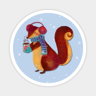 Winter squirrel drinking coffee - Cute winter Magnet